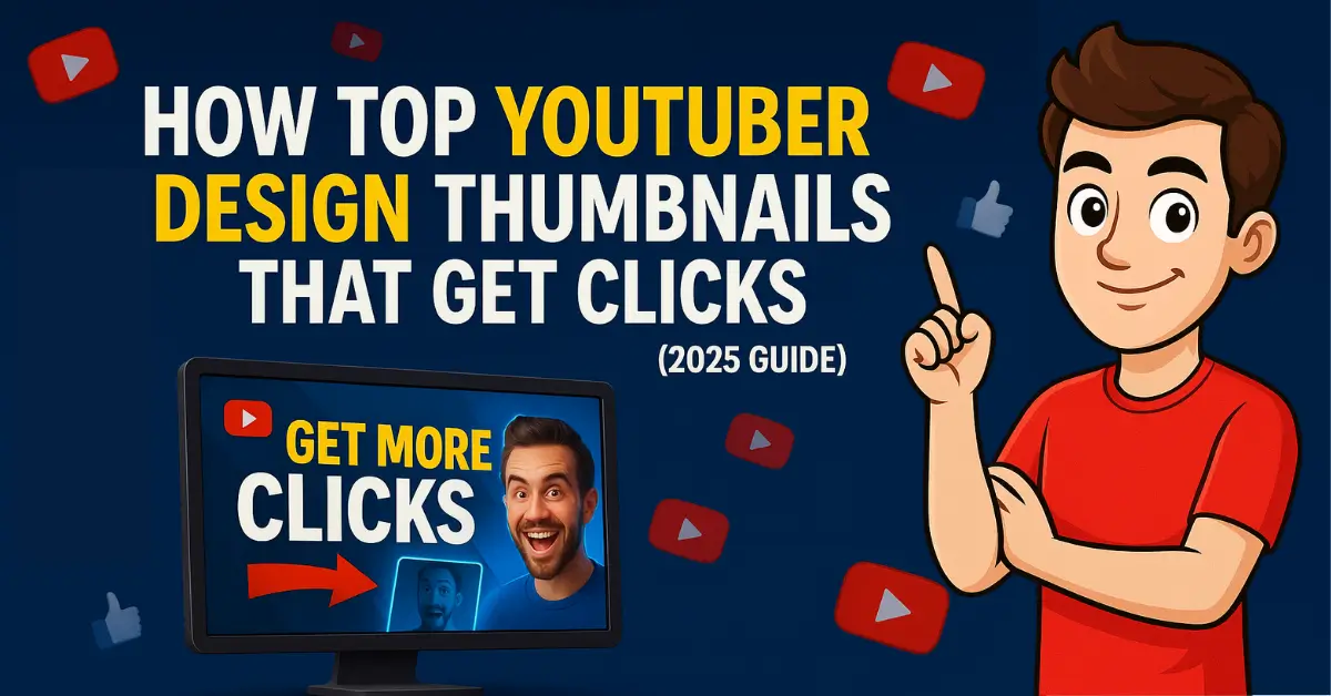 Illustration of a YouTuber designing a thumbnail with bold text – How Top YouTubers Design Thumbnails That Get Clicks (2025 Guide)