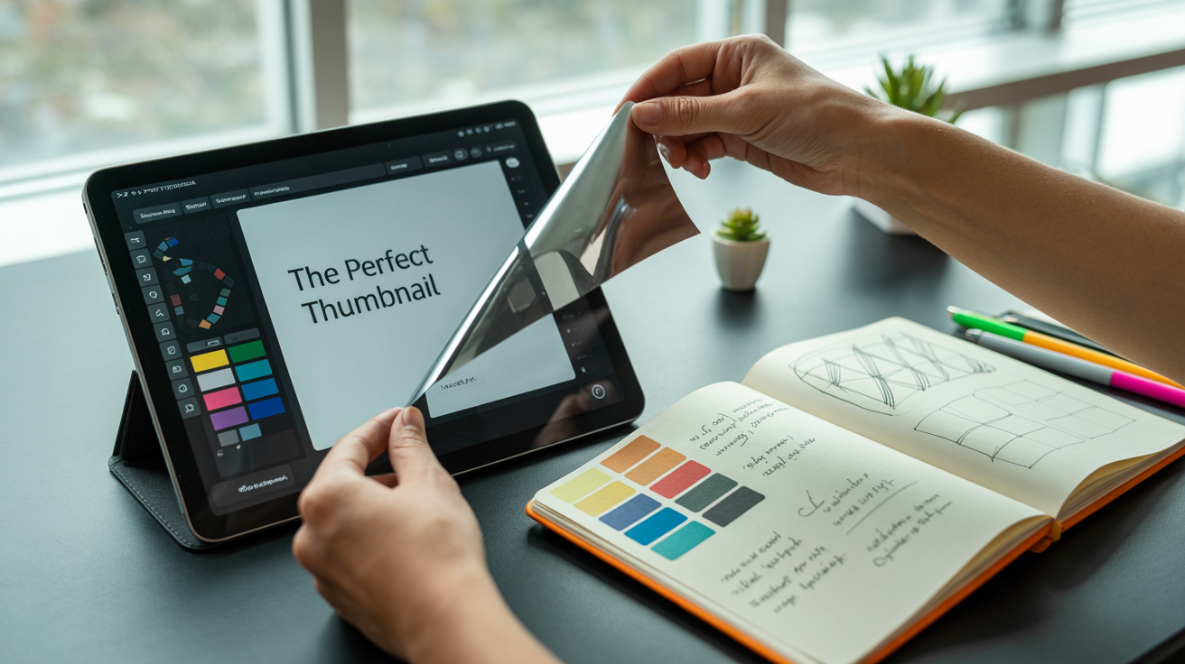 A person deconstructing a YouTube thumbnail's design elements, like color and composition, in a sketchbook to learn from it without plagiarizing.