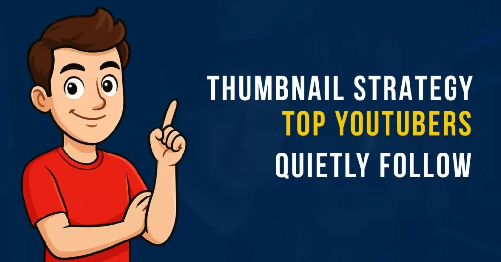 A thumbnail showing a cartoon character in a red shirt pointing towards the title text Thumbnail Strategy Top YouTubers Quietly Follow.