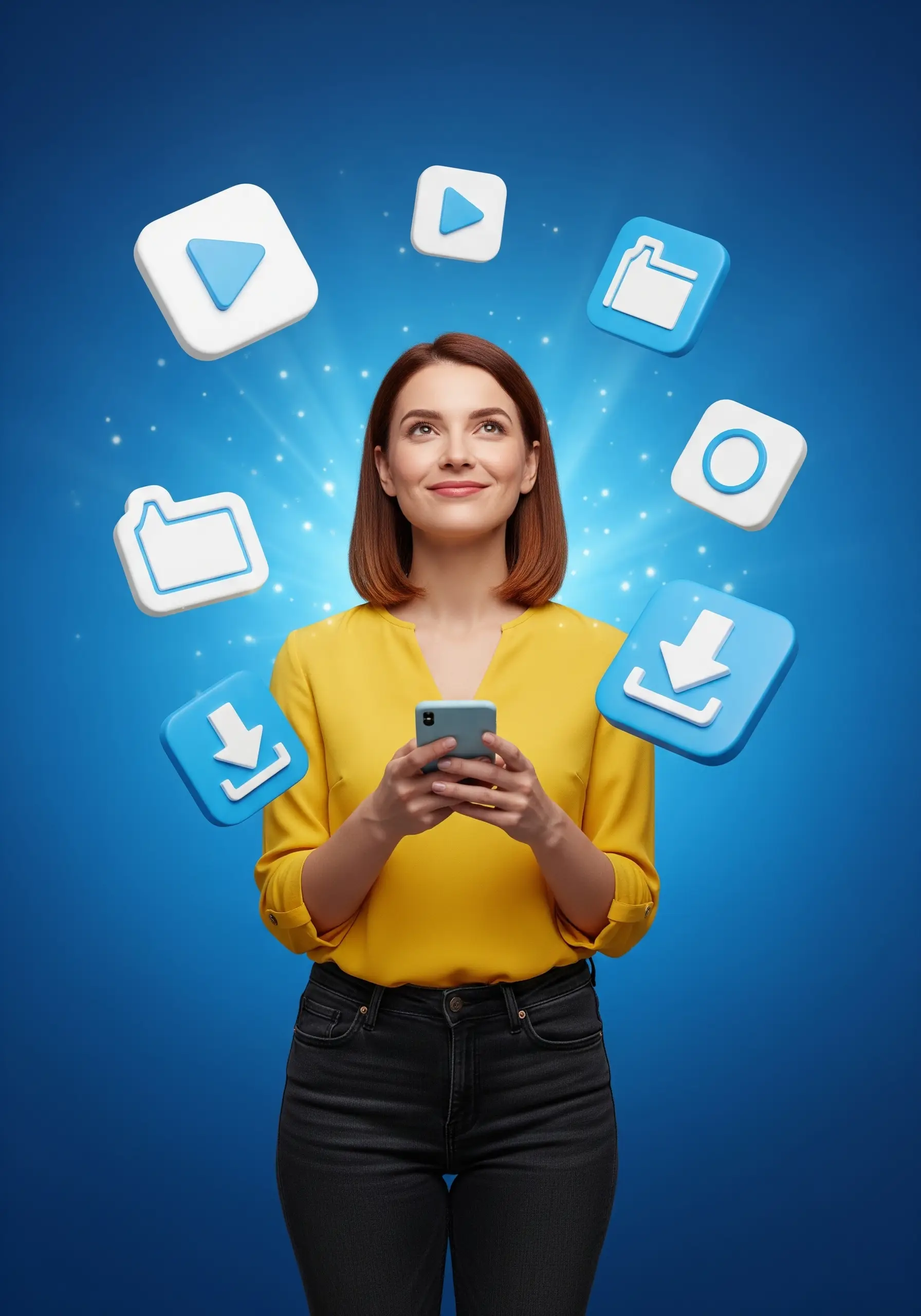 A woman happily downloading high-quality YouTube thumbnail images instantly to her phone using the GetYTThumb YouTube Thumbnail Downloader