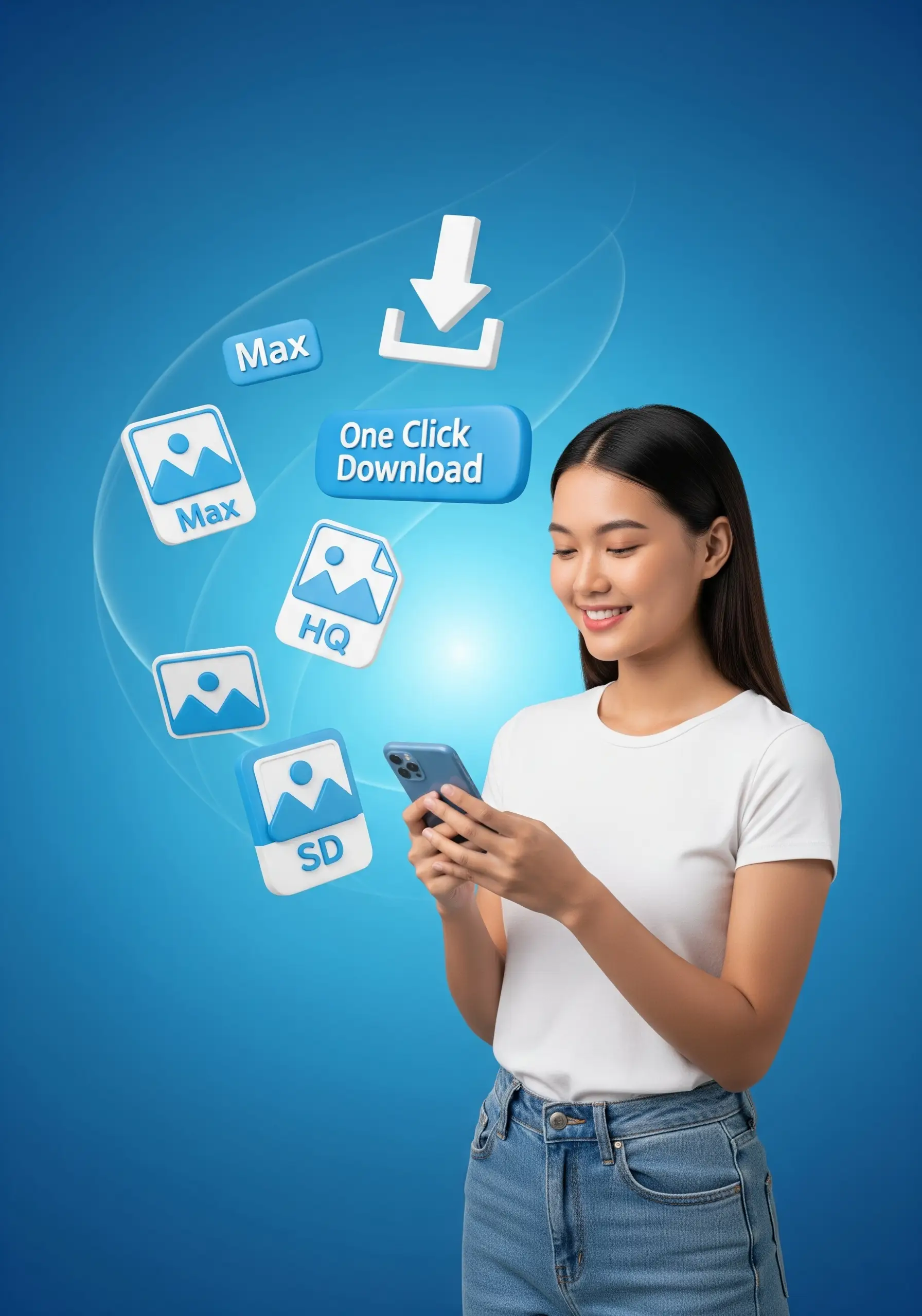 A user selecting from multiple resolutions like HD and SD for a seamless YouTube thumbnail download experience on her device via GetYTThumb.